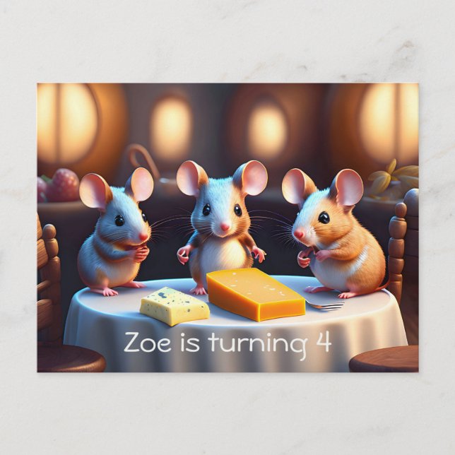 Mouse family at the dining table Kids Birthday  Invitation Postcard (Front)
