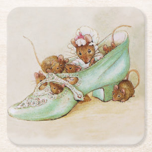 Mouse Family in a Shoe by Beatrix Potter Square Paper Coaster