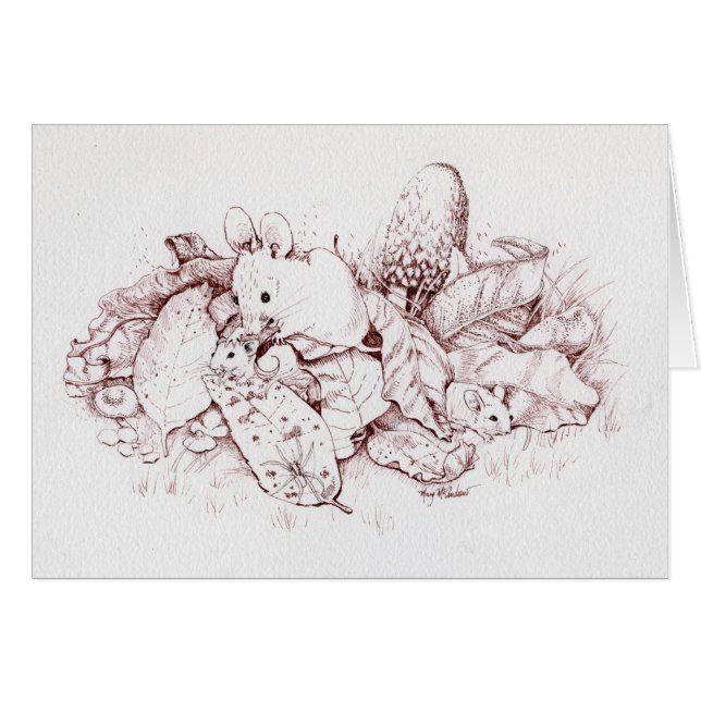 Mouse Family in Fall Leaves, Mushrooms, Nature (Front Horizontal)