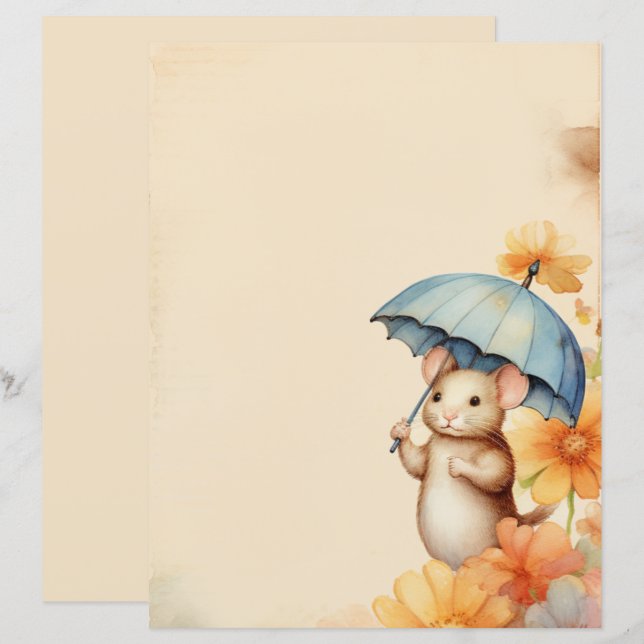 Mouse flowers blue orange pink old browned paper (Front/Back)