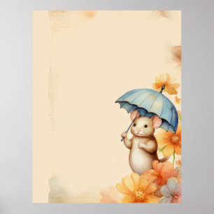 Mouse flowers blue orange pink old browned paper poster