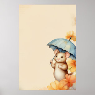 Mouse flowers blue orange pink old browned paper poster