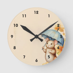 Mouse flowers blue orange pink old browned paper round clock
