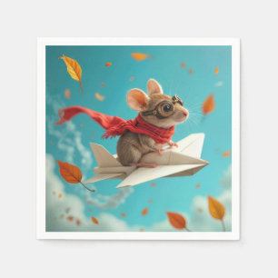 Mouse Flying a Paper Aeroplane Napkin