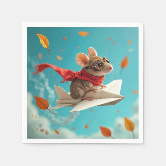 Mouse Flying a Paper Aeroplane Napkin (Front)