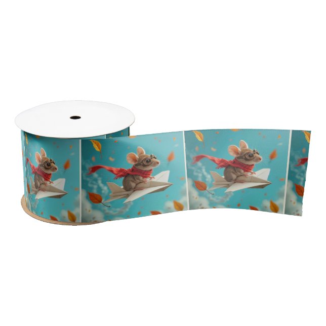 Mouse Flying a Paper Aeroplane Satin Ribbon (Spool)