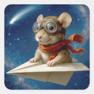Mouse Flying In a Paper Aeroplane Square Sticker