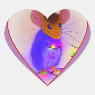 Mouse hanging Christmas lights cute cartoon. Heart Sticker