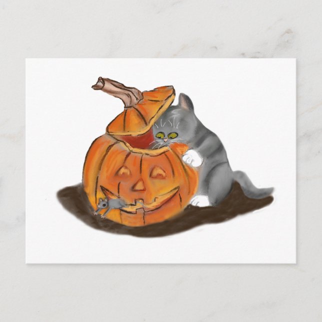 Mouse Hide and Seek in a Carved Pumpkin Postcard (Front)