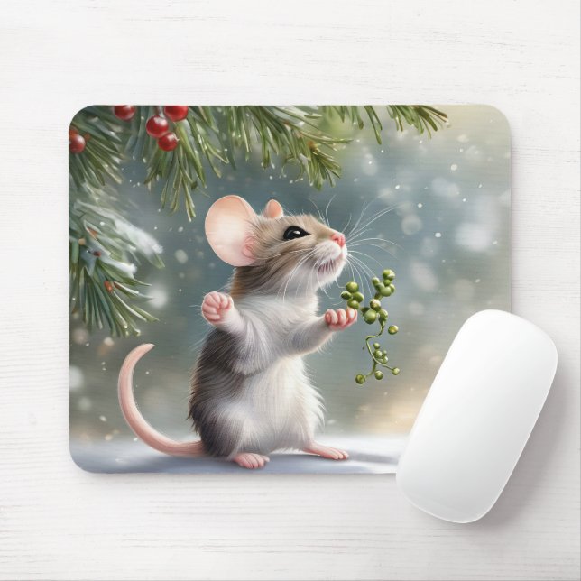 Mouse Holding a Mistletoe Sprig Mouse Mat (With Mouse)