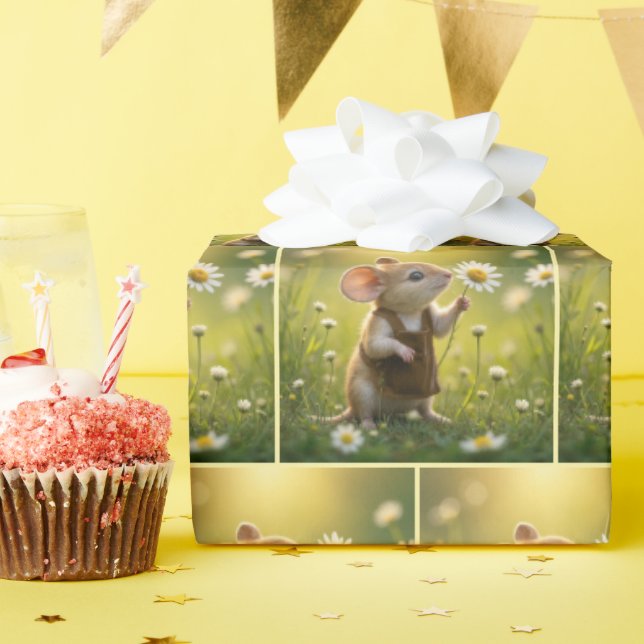 Mouse Holding a White Daisy Wrapping Paper (Birthday Party)