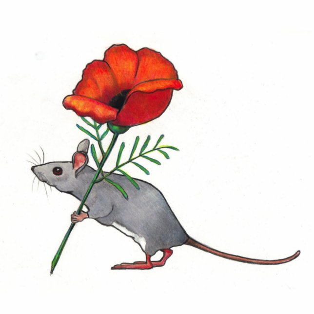 Mouse Holding Red Flower: Colour Pencil Art Standing Photo Sculpture (Front)