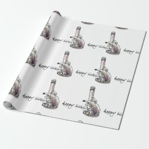 mouse holds pencil birthday message cartoon wrapping paper