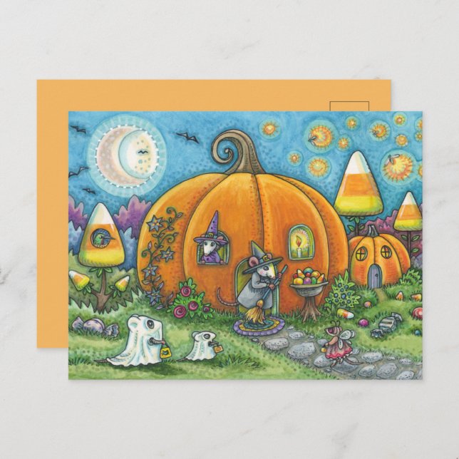 MOUSE HOUSE, LITTLE MICE, TRICK OR TREAT HALLOWEEN POSTCARD (Front/Back)