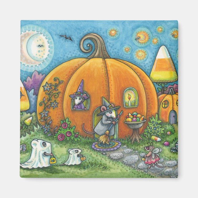 MOUSE HOUSE, TRICK OR TREATERS HALLOWEEN MAGNET Sq (Front)