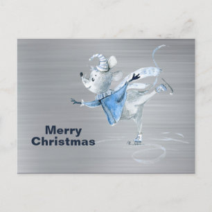 Mouse Ice Skating Silver Metal Christmas Postcard