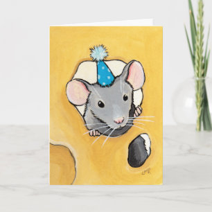 Mouse in a Blue Party Hat  - Blank Animal Art Card