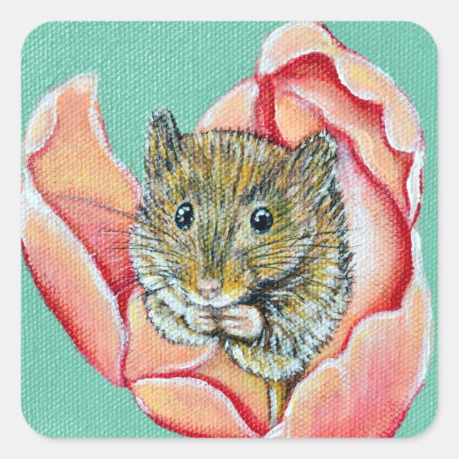 Mouse in a Tulip Painting Square Sticker (Front)