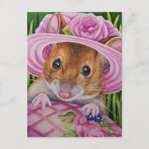 Mouse in Bonnet Found Pink Egg Watercolor Art Postcard