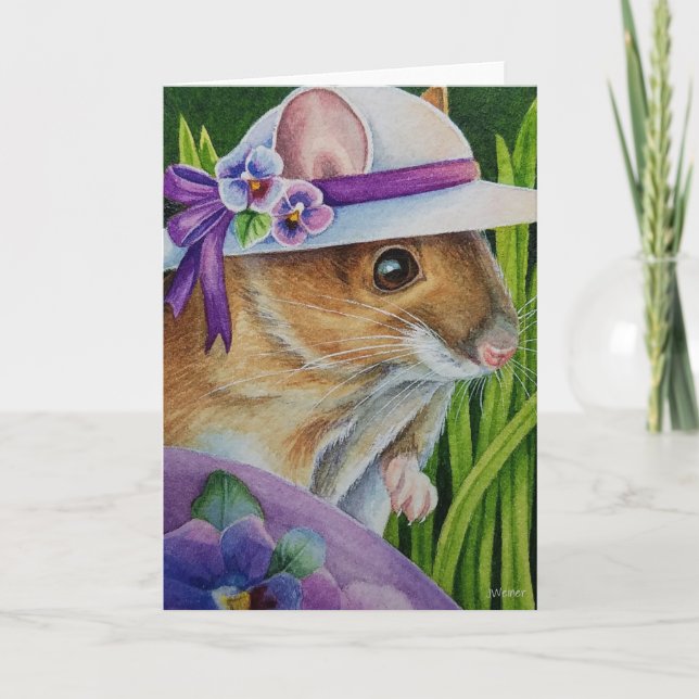 Mouse in Bonnet Found Purple Egg Watercolor Art Card (Front)