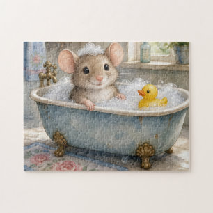 Mouse in Bubble Bath with Yellow Ducky Jigsaw Puzzle