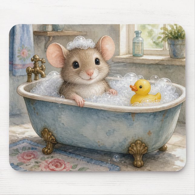Mouse in Bubble Bath with Yellow Ducky Mat (Front)