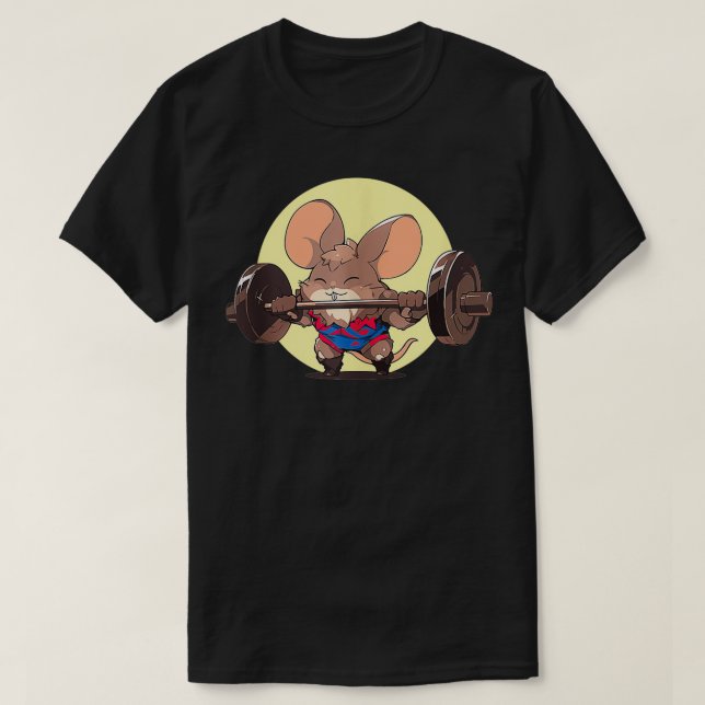 Mouse Lifting Weights Mighty Rodent Fitness Humour T-Shirt (Design Front)