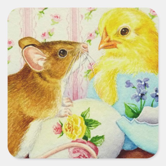 Mouse Meets Baby Chick Easter Watercolor Art Square Sticker (Front)
