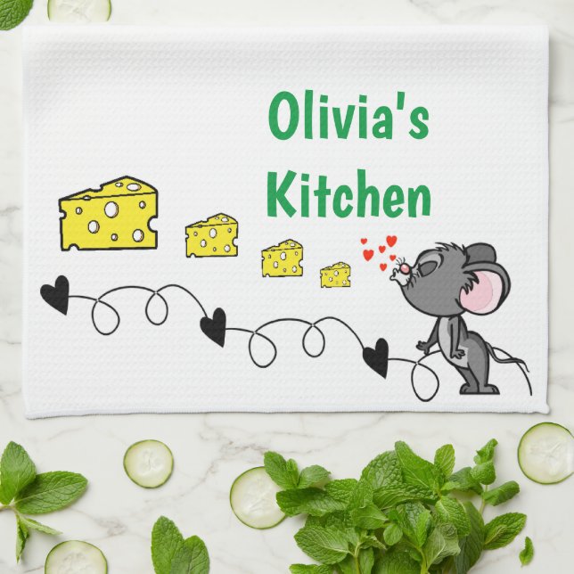 Mouse Mice Cheese Hearts Kitchen Hand Towel (Folded)