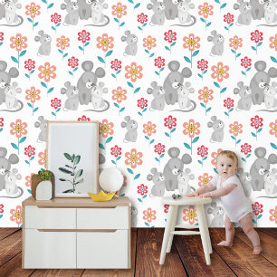 Mouse mother, babies and flowers pattern wallpaper