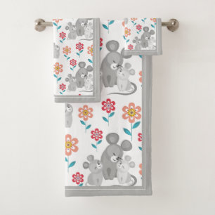 Mouse mother, babies grey border Mother's Day Bath Towel Set