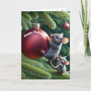 Mouse On a Red Christmas Ornament Holiday Card