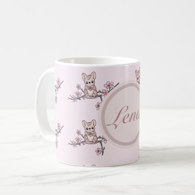 mouse on branch of flowers, personalized coffee mug (Front Left)