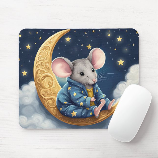 Mouse On Crescent Moon Mouse Mat (With Mouse)