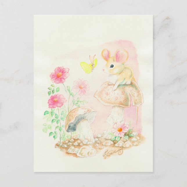 Mouse On Mushroom Art Potcards, Greeting Cards (Front)