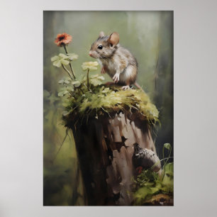 Mouse On Stump Forest Print, Dark Academia Animal Poster