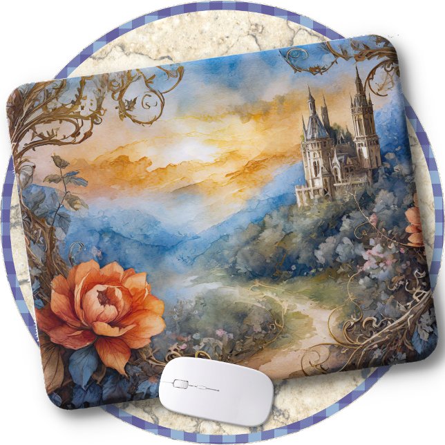 MOUSE PAD - Floral Pathway to the Castle (MOUSE PAD - A colorful work of art on a mouse pad to decorate your desk.)
