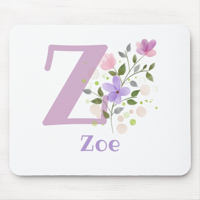 Mouse Pad Initial Plus Name & Flowers Design (Front)