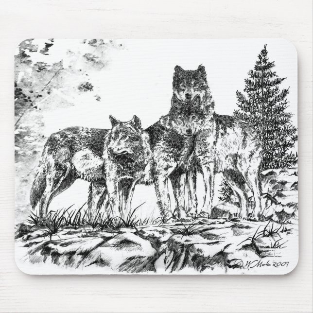 Mouse Pad - Three Wolfs Illustration (Front)