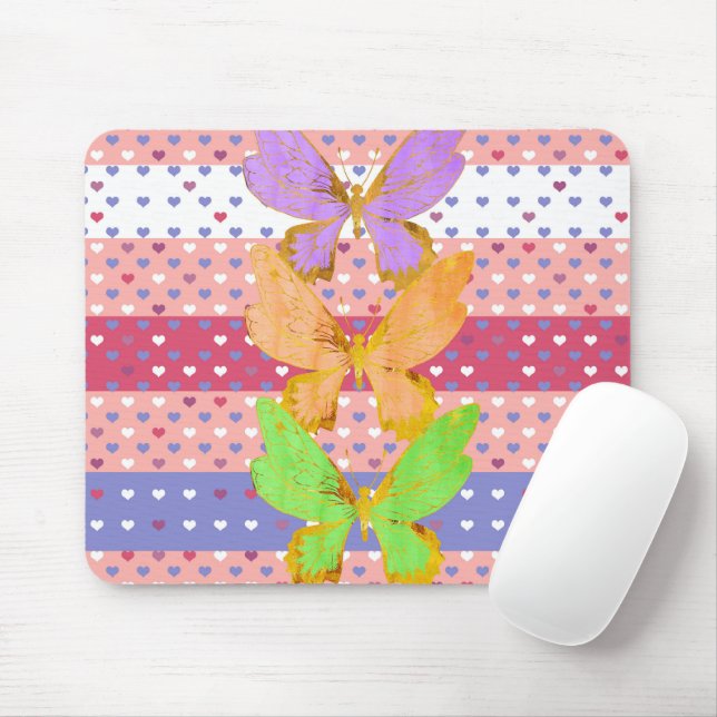 Mouse Pad with Colourful Butterflies & Hearts (With Mouse)
