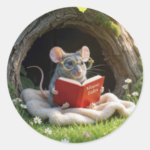 Mouse Reading a Red Book On a Blanket Classic Round Sticker