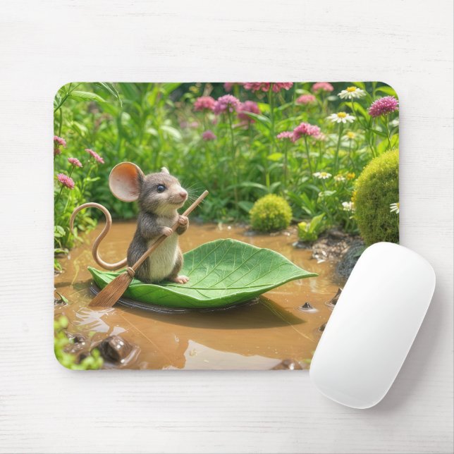 Mouse Rowing a Green Leaf Boat Mat (With Mouse)