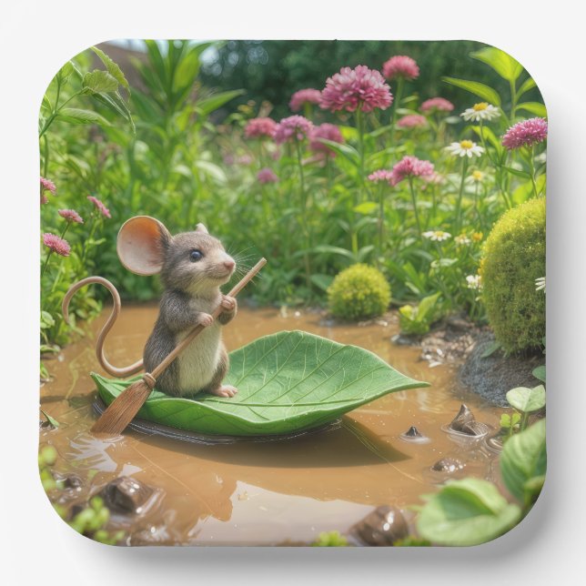 Mouse Rowing a Green Leaf Boat Paper Plate (Front)