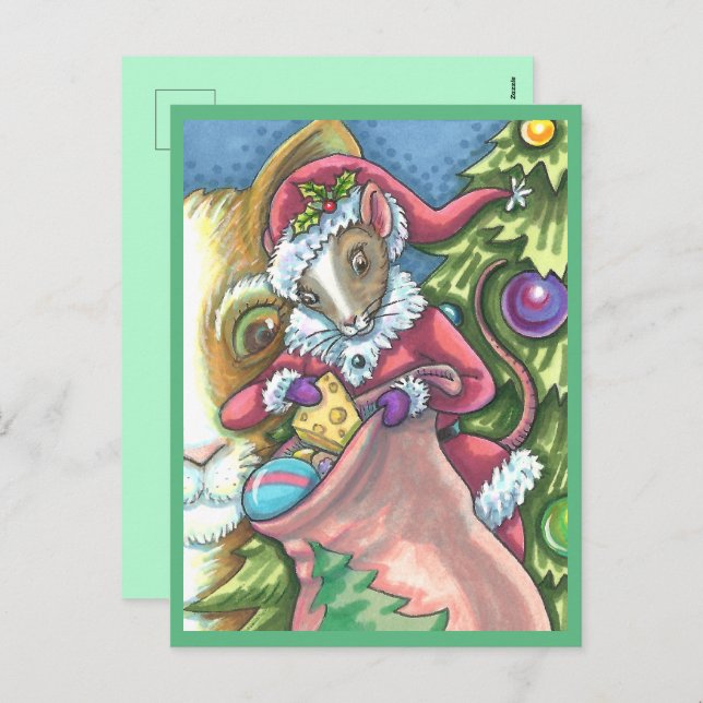 MOUSE SANTA BRINGS GOOD CATS CHRISTMAS GIFTS, Cute Holiday Postcard (Front/Back)