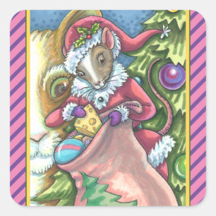 MOUSE SANTA BRINGS GOOD CATS CHRISTMAS GIFTS, Cute Square Sticker