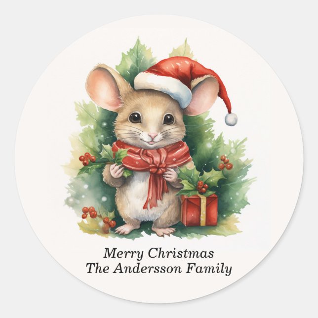 Mouse Santa Hat Merry Christmas Name Classic Round Sticker (Front)