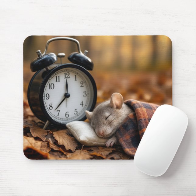 Mouse Sleeping By an Alarm Clock Mouse Mat (With Mouse)