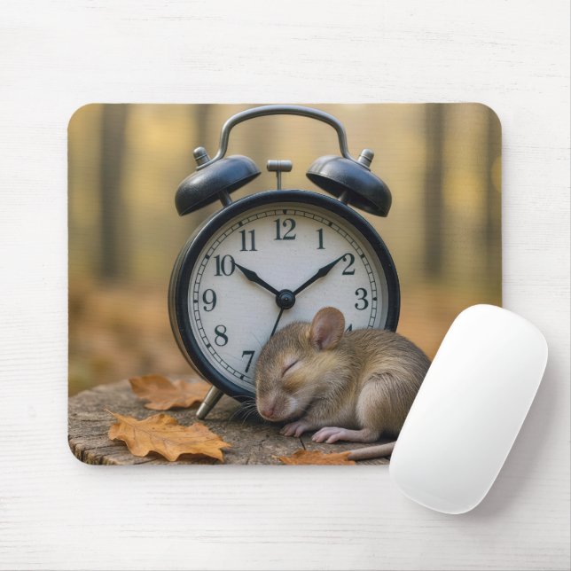 Mouse Sleeping By an Alarm Clock Mouse Mat (With Mouse)