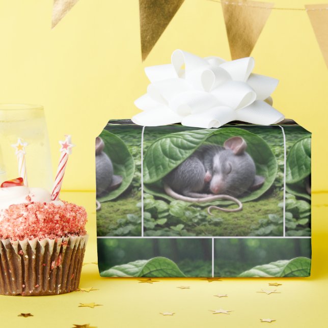 Mouse Sleeping In a Green Leaf Wrapping Paper (Birthday Party)