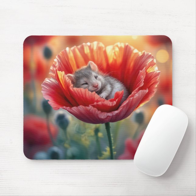 Mouse Sleeping In a Red Poppy Flower Mat (With Mouse)